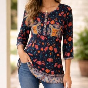 Fig and Flower Multicolor Floral Blouse Size XL